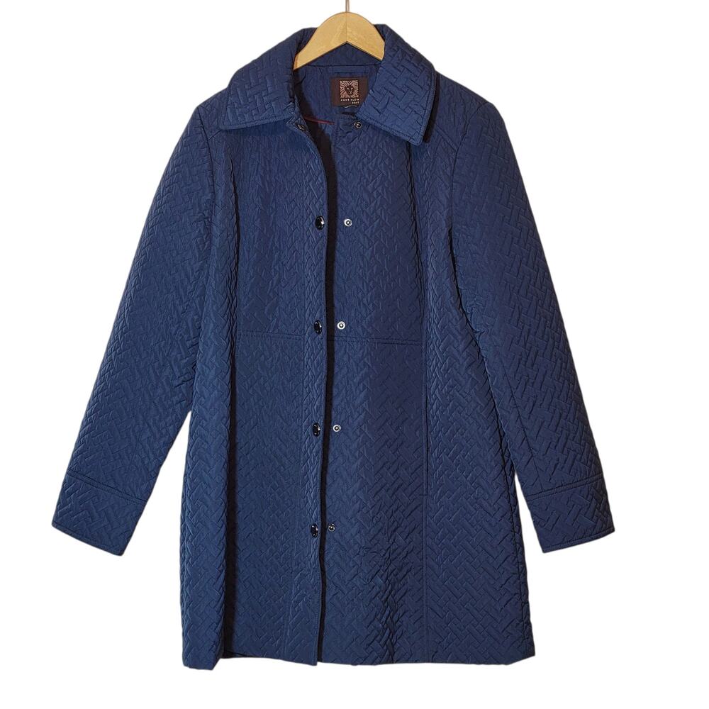 Anne Klein Blue Quilted A-Line Mid Length Snap Front Coat Size L/XL Chic - Picture 5 of 16